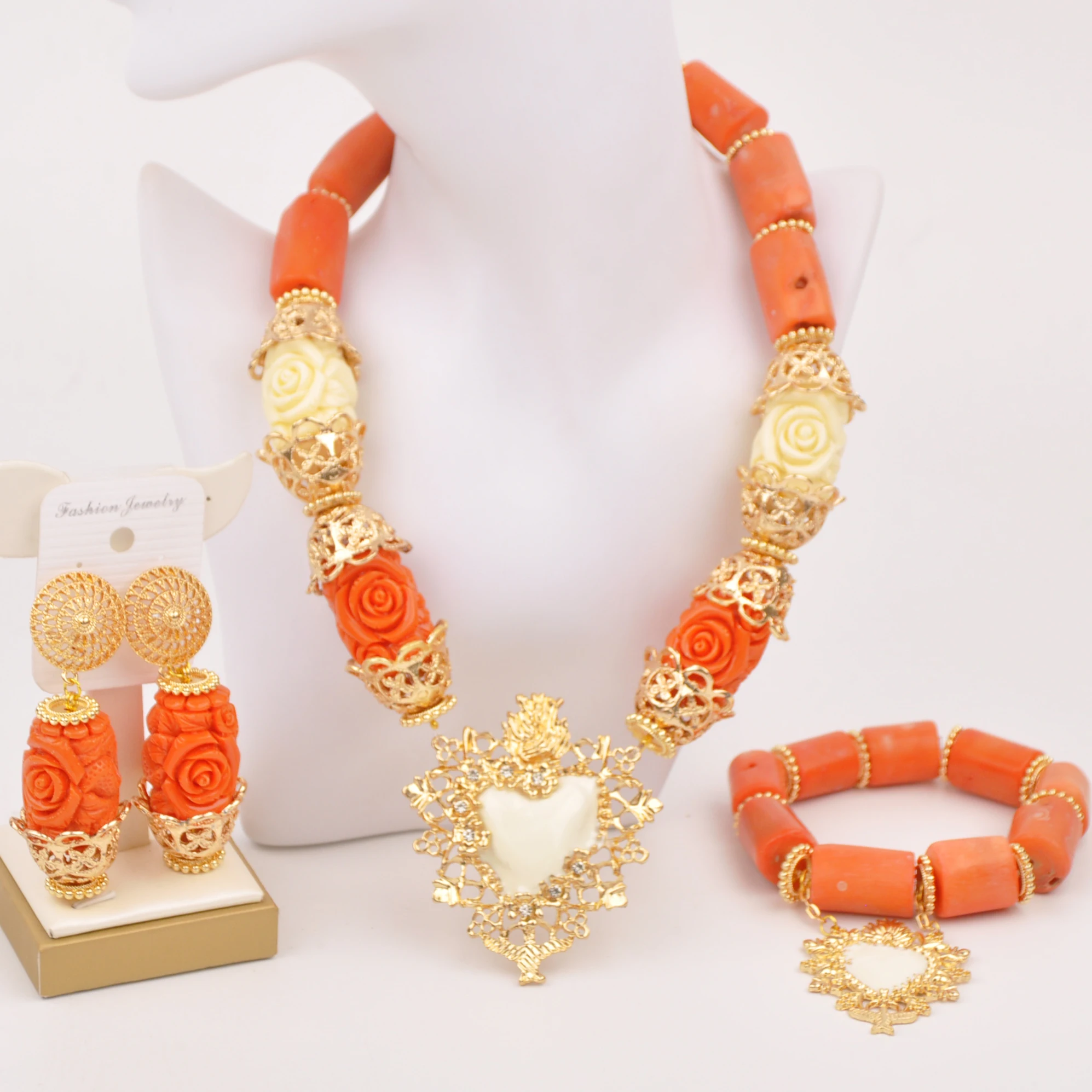 

Fashion Orange Nigerian Coral Beads African Wedding Coral Bridal Jewelry Sets