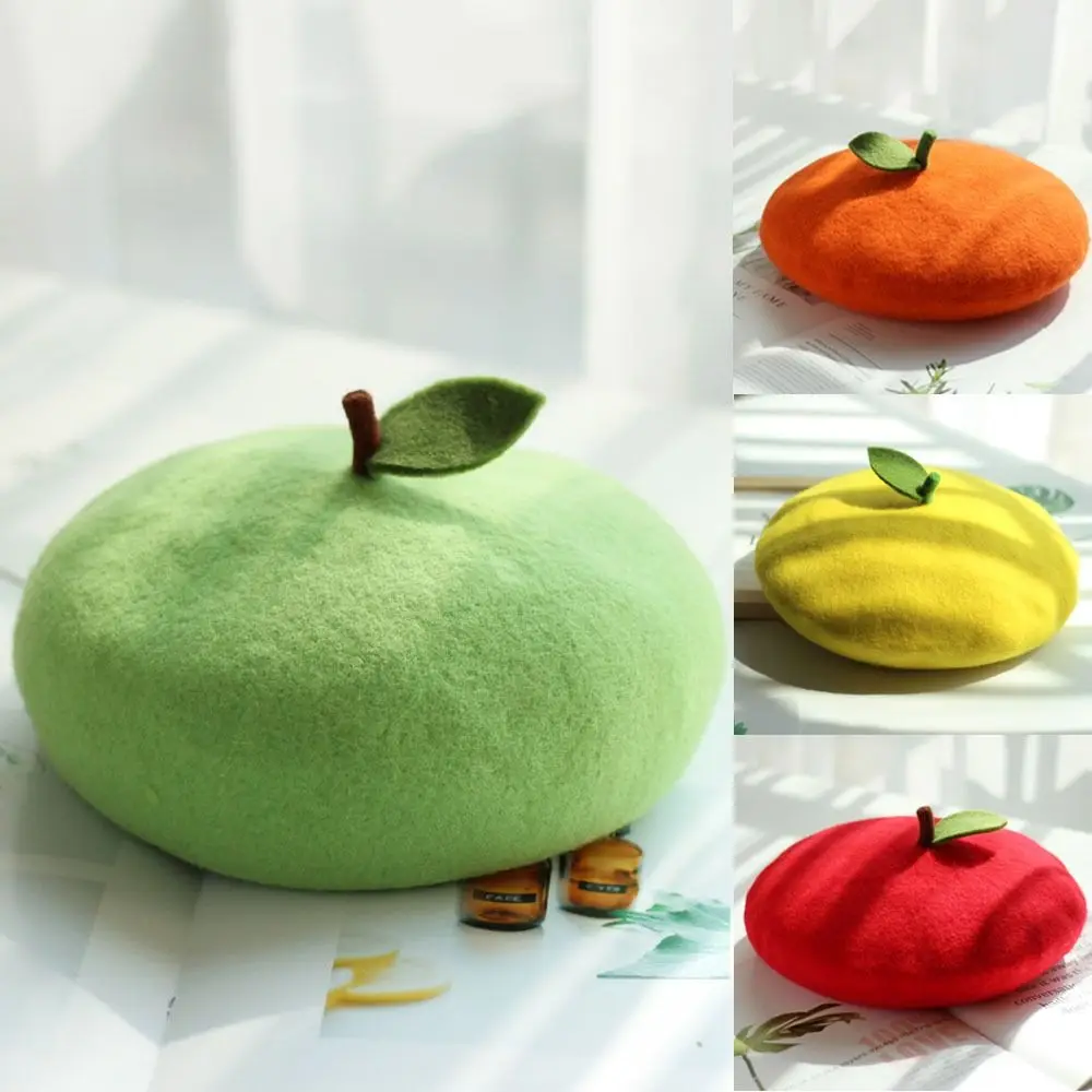 Sweet Red Apple Beret Cap Orange Shaped Breathable Painter Hat Soft Handmade Beret for Women Casual Wear