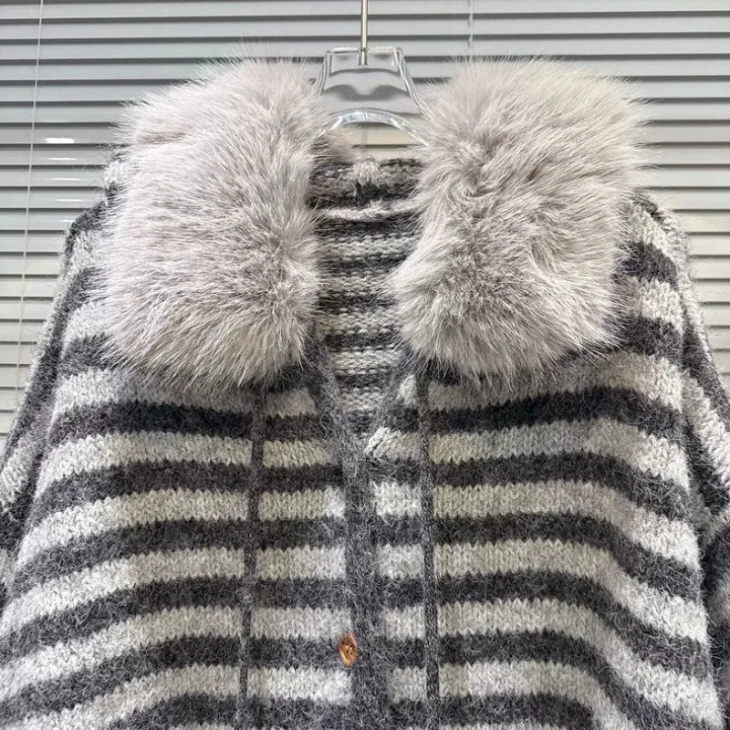 الأمريكية الرجعية معطف محبوك طويلة الأكمام فو الفراء س الرقبة المرأة عادية مخطط طباعة ثقافة فرعية معطف زر الرجعية النساء الملابس #6