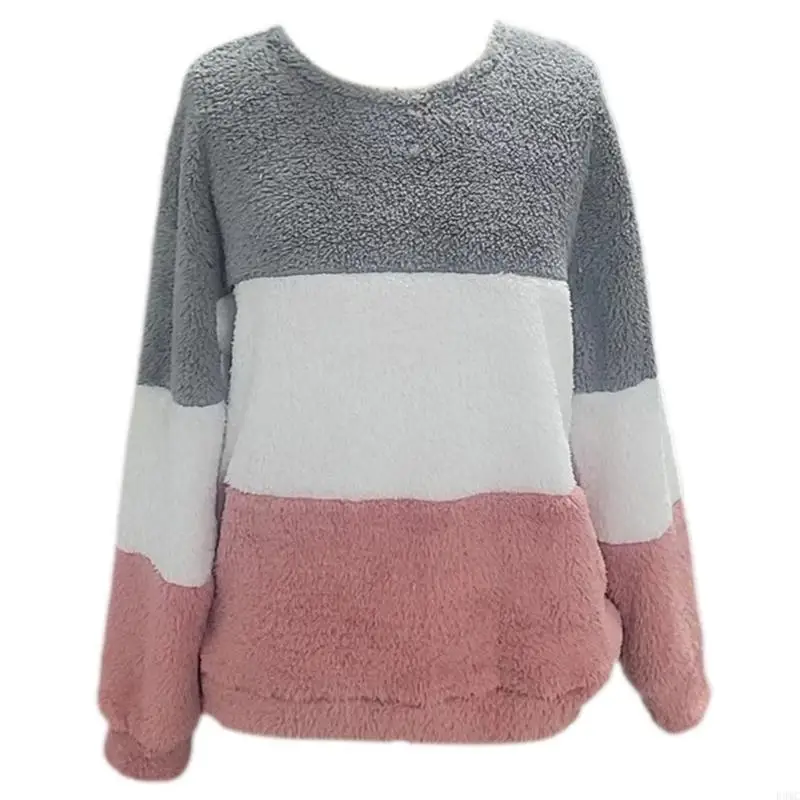 R3MC Sweat-shirt à manches longues col rond pour Pull en polaire rayé