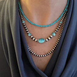 Yumfeel 3pcs Antique Lacquer Plated Beads Turquoise Necklace Women Western Vintage Vacation Choker Handmade Jewelry