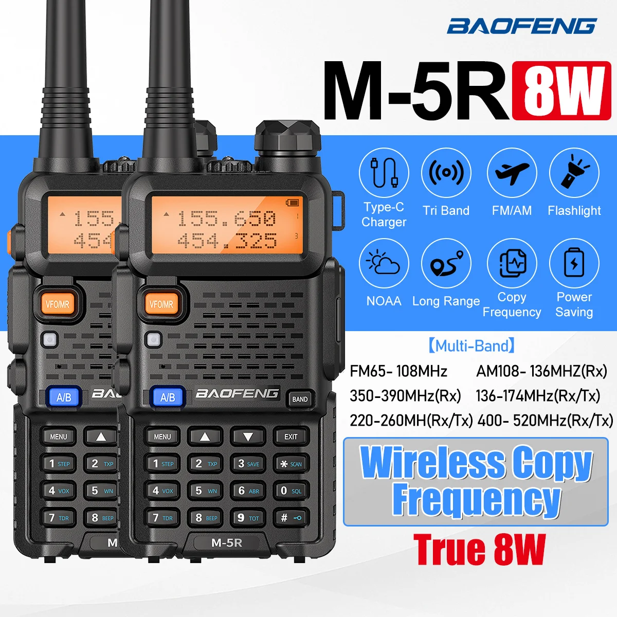 宝峰-m-5r-8w-ワーキートーキー-長距離高出力-am-fm-type-c充電器-ワイヤレスコピー周波数
