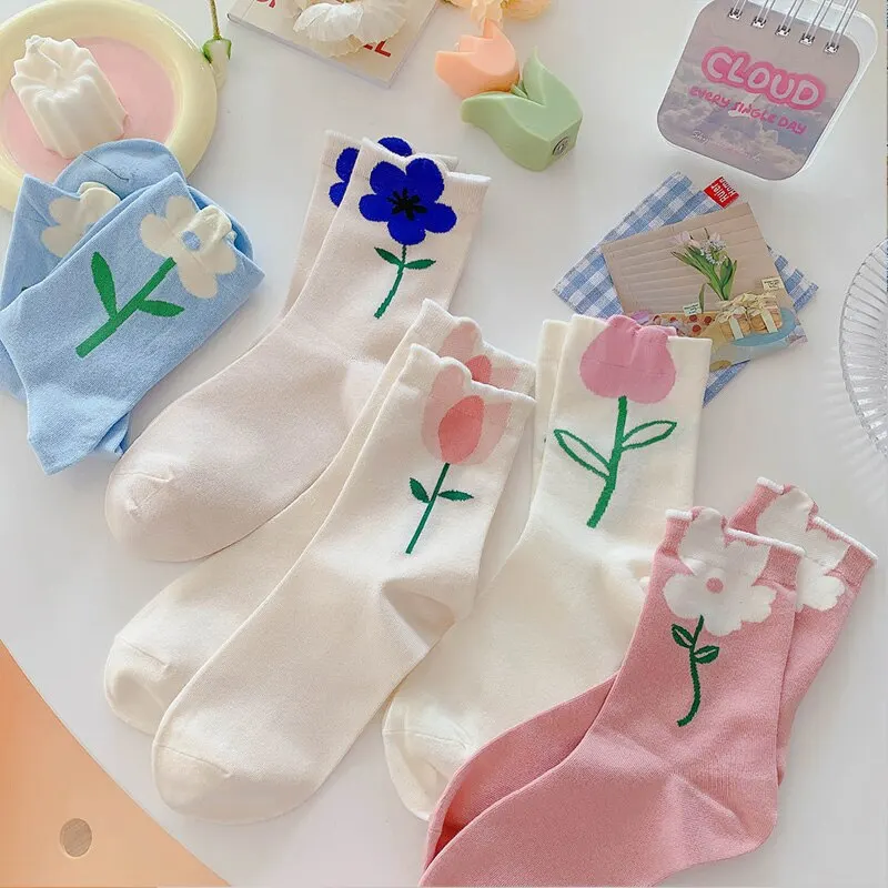 5 Paar Damen-Mittelrohrsocken, Harajuku, Retro, Blumenmuster, Vintage, Neuheit, elegant, ethnisch, Kawaii, niedlich, lässig, atmungsaktiv, Damen und Mädchen