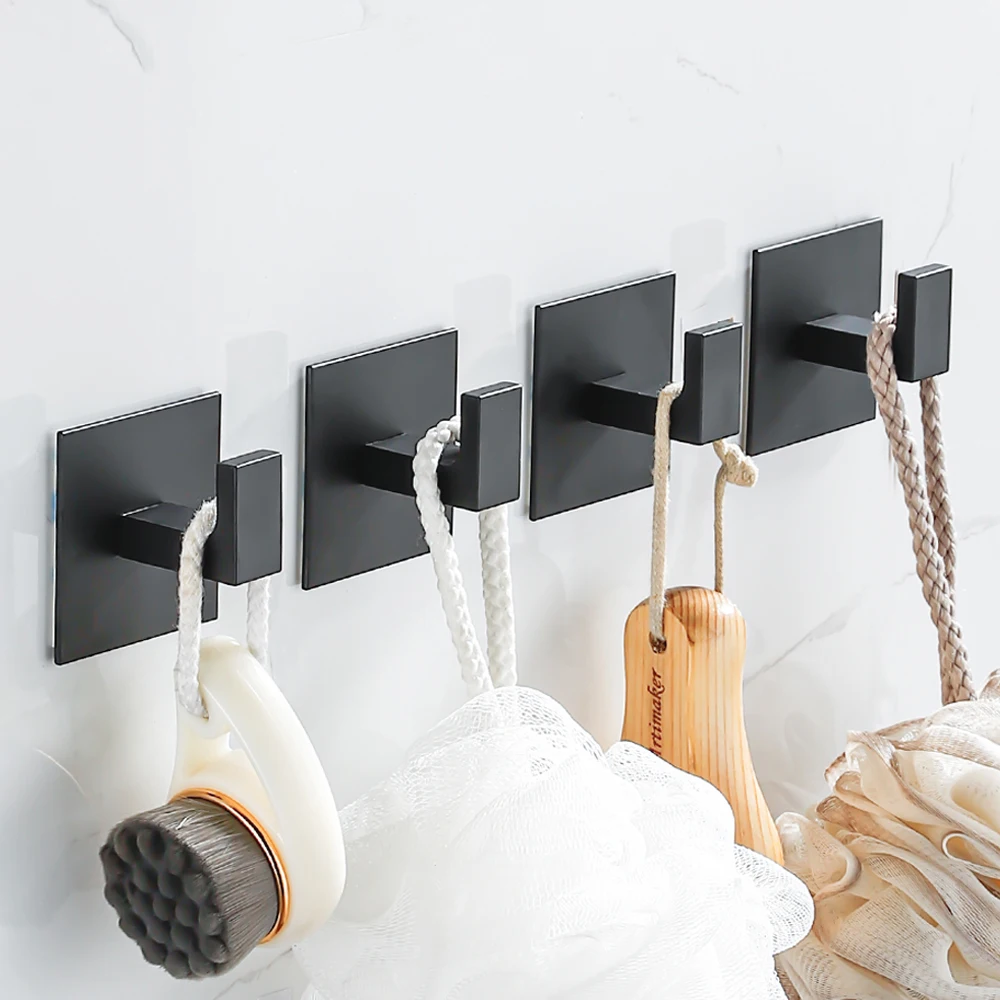 1-4Pcs Strong Adhesive Wall Hook Sticker Hanging Coat Rack Clothes Hanger Shower Robe 3M Hook Kitchen Bathroom Towel hooks Black