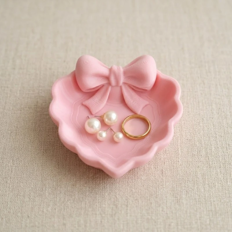 

1pc Cute Dinner Plate Pink Love Bow Jewelry Display Tray Wavy Edge Breakfast Plate Home Decor Photography Props Valentine's Day