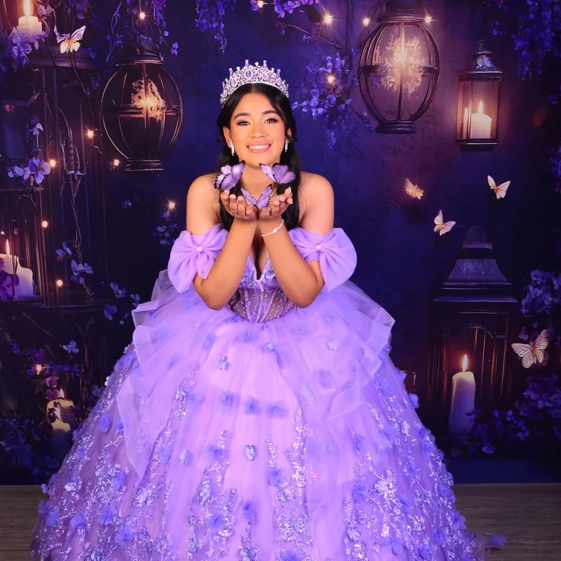 Vestidos de quinceañera morados personalizados con hombros descubiertos, calcomanía brillante, cola larga, Vestido de flores 3D, 15 quinceañera