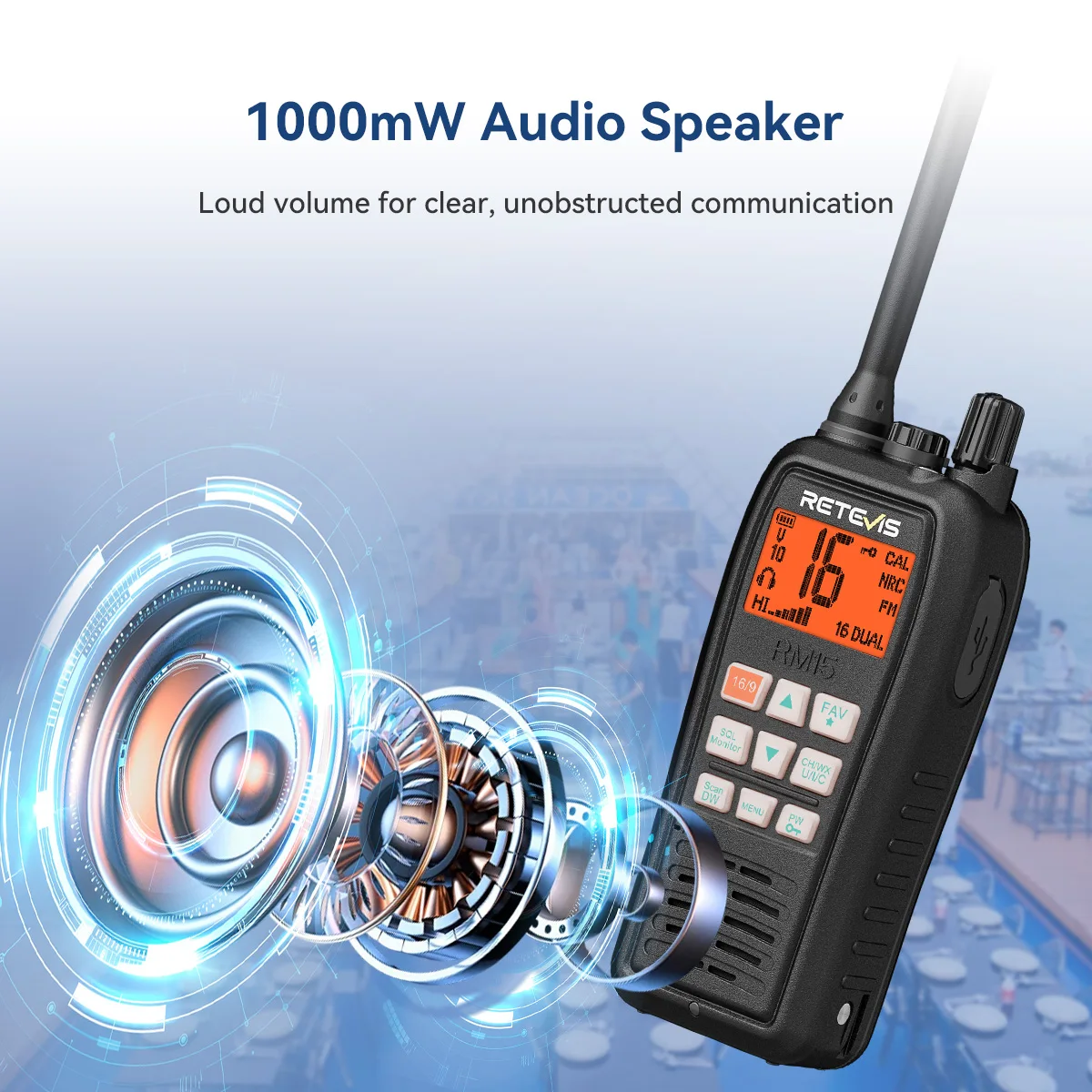 Retevis RM15 IP68-wasserdichtes schwimmfähiges Marinefunkgerät, tragbarer Funktransceiver mit großer Reichweite als Walkie-Talkie für Boots- und Kajakfahrten – Detail 9