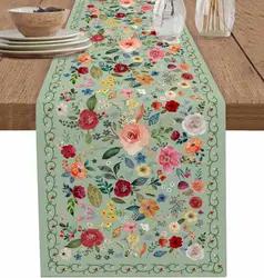 Spring Vintage Flowers Plants Green Linen Table Runner Party Decor Farmhouse Kitchen Dining Table Runner Wedding Decorations