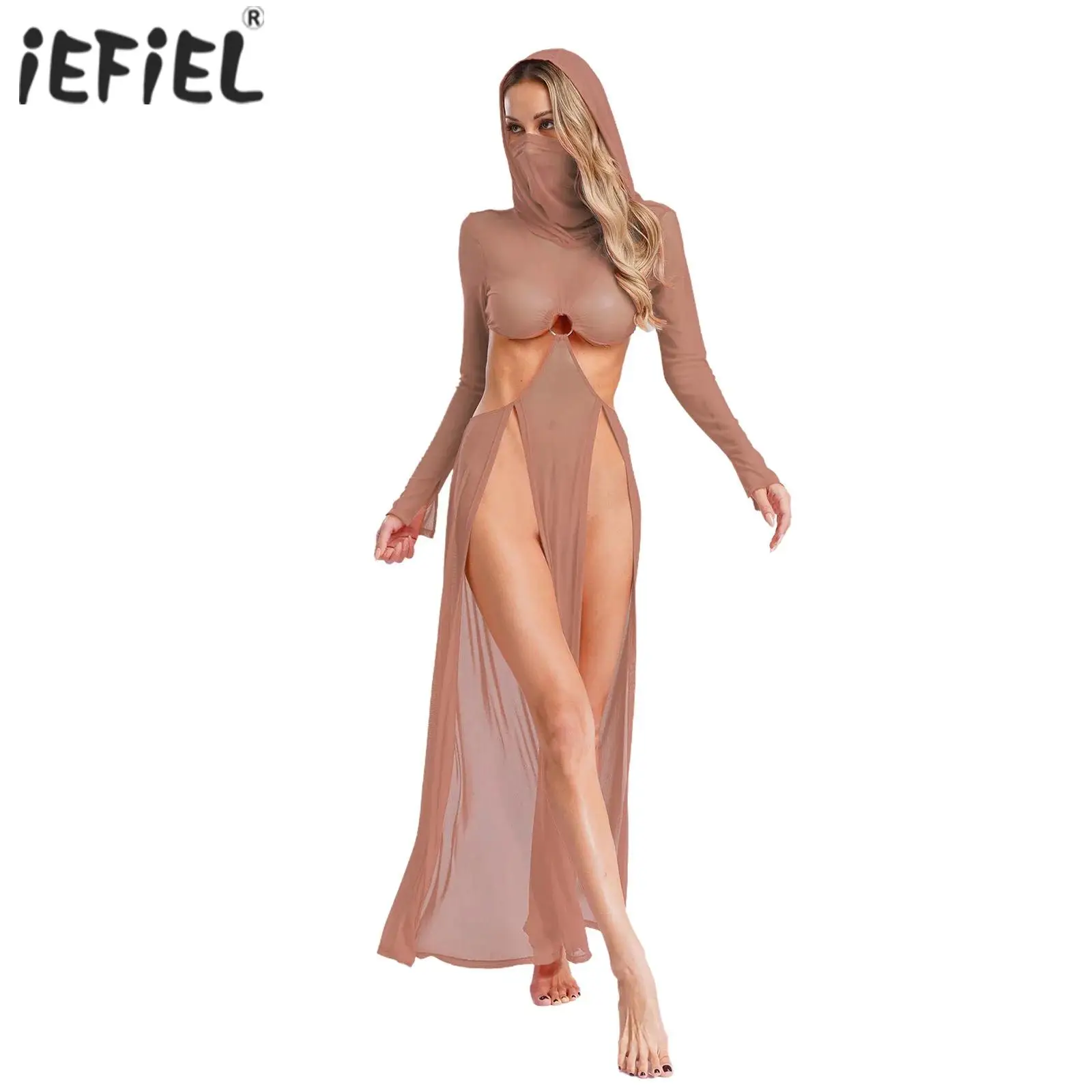 

Women Sheer Dress Maxi High Slit Dress Hooded Face Mask Long Sleeves Hollow Out Sheer Dress Cover Up Swimwear Sexy Mesh Dress