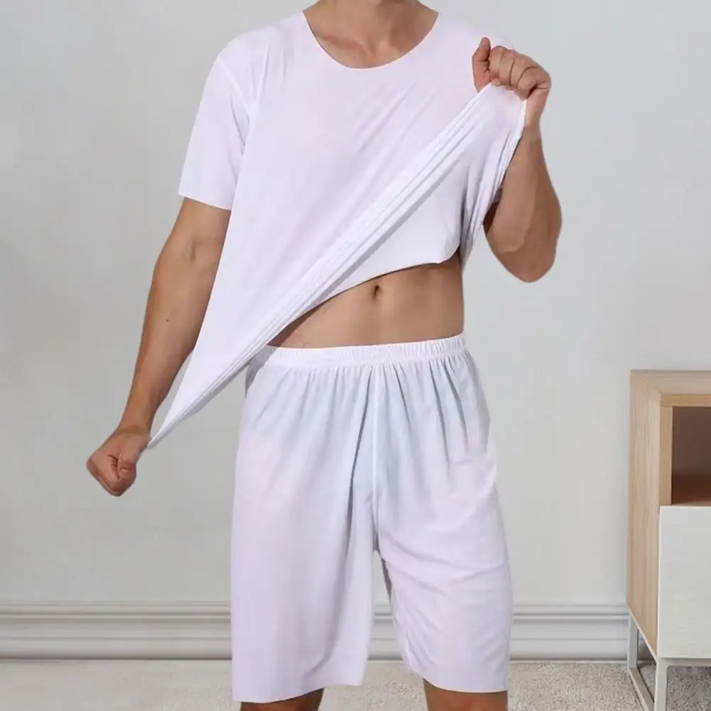 Men Tracksuit Set Men's Sporty Short Sleeve T-shirt Wide Leg Shorts Set for Comfortable Homewear Sleepwear in Ice Silk Fabric