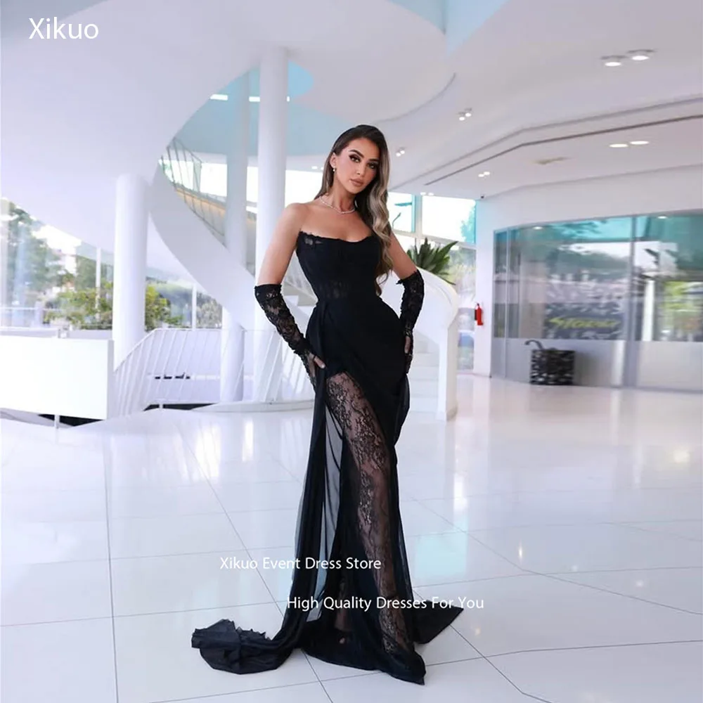 Xikuo Black Illusion Lace Evening Dress Delicate Appliques Vestidos De Noche Glamorous Mermaid Celebrity Party Dress Customized
