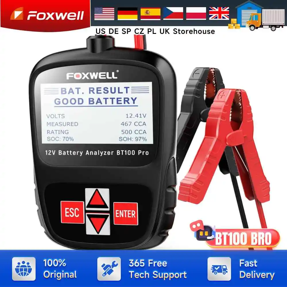 FOXWELL BT100 Pro Car Battery Tester 12V Automotive 100-1100CCA Battery Load Tester Digital Battery Analyzer Tester Diagnostic