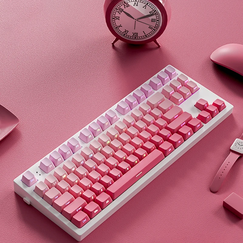 Imagem -04 - Teclas Duplo Tiro Brilho Através de Teclas Morango Rosa Impressão Lateral Pbt Keycaps Perfil Cereja para Interruptores mx Teclado de Jogos 135