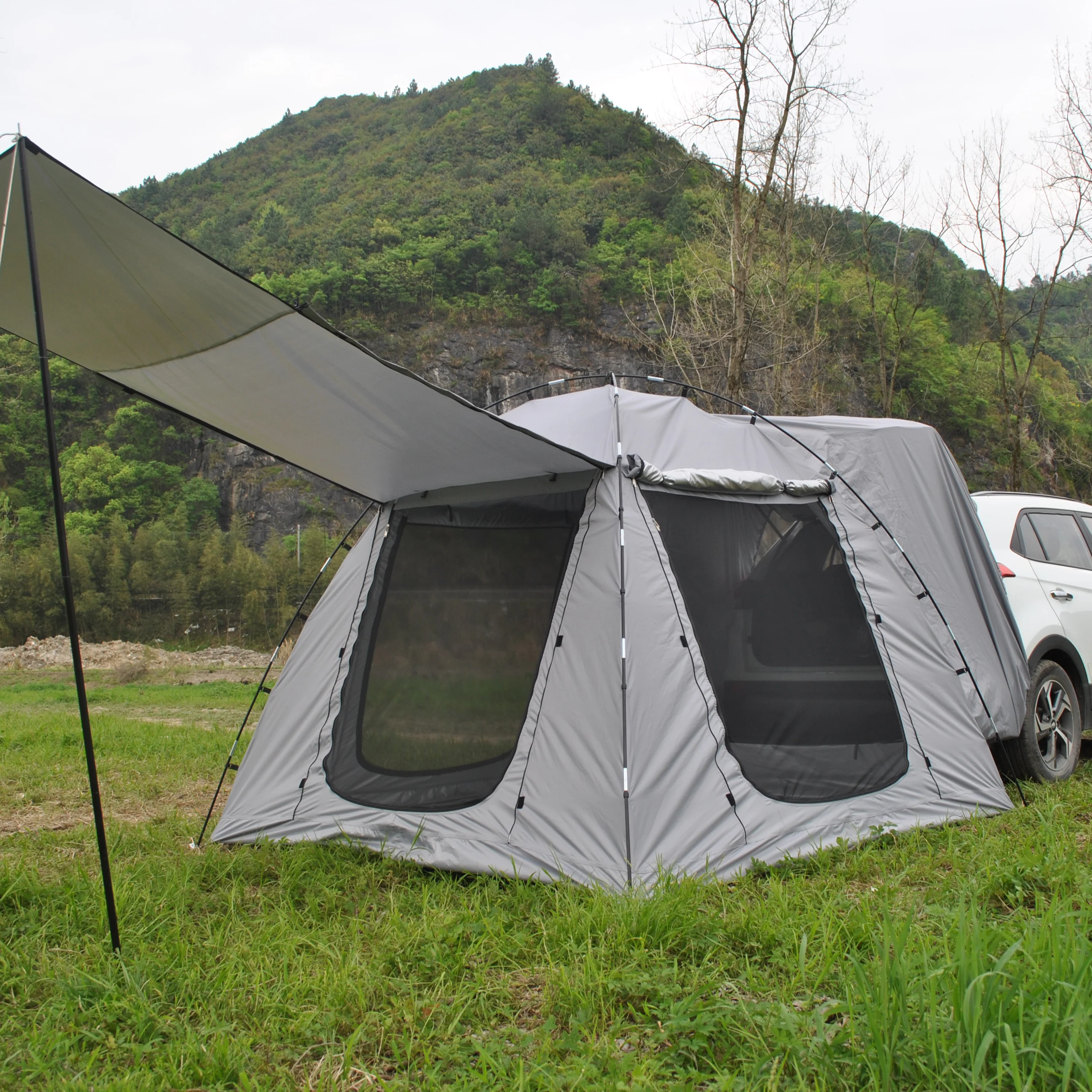 6-person size Car Rear Tent with four large window Car Tailgate Tent Back SUV Tent with large awning,6 person Trunk tent