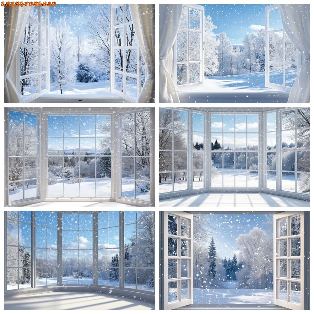 

Outdoor Snow Forest Blue Sky Big French Window Backdrop Winter Baby Kids Portrait Home Decor Photography Background Photostudio