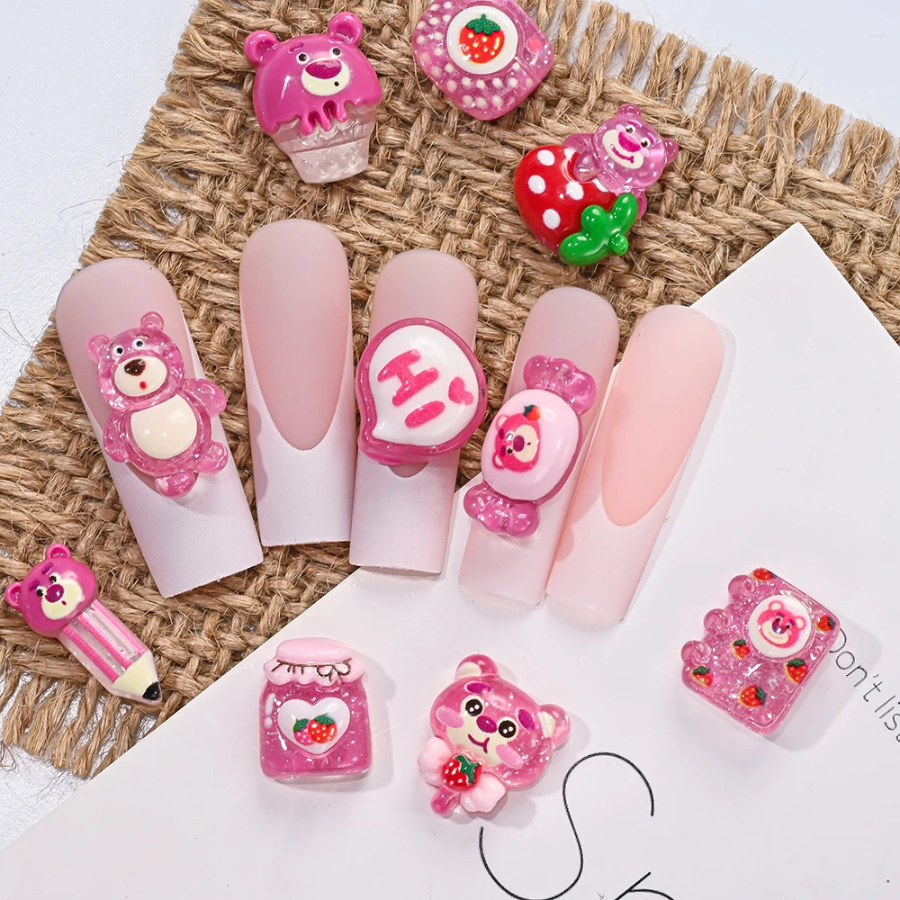 10개 핑크 투명 만화 곰 네일 아트 참 레진 딸기 미니 플랫 백 장식 DIY 휴대폰 케이스 데코레이션
