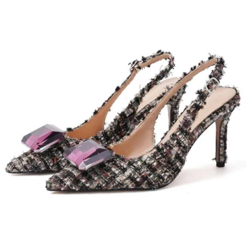 

Luxury Gemstone Pointed Toe Design Backless Sandals Women French Style Elegant Party Designer Evening Heels Ladies Mules Pumps