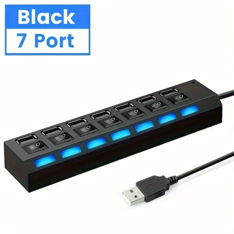 7 Ports USB 2.0 Hub LED 5Gbps High Speed Multiports USB Power Adapter Expander USB Splitter With Switch For Laptop Computer Home
