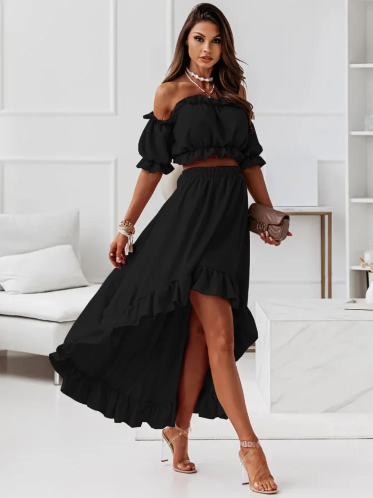 New Summer Elegant Gown Sexy Puff Sleeve Waistless Dress Boat Neck Long Dresses For Women 2 Pieces Vestido Feminino