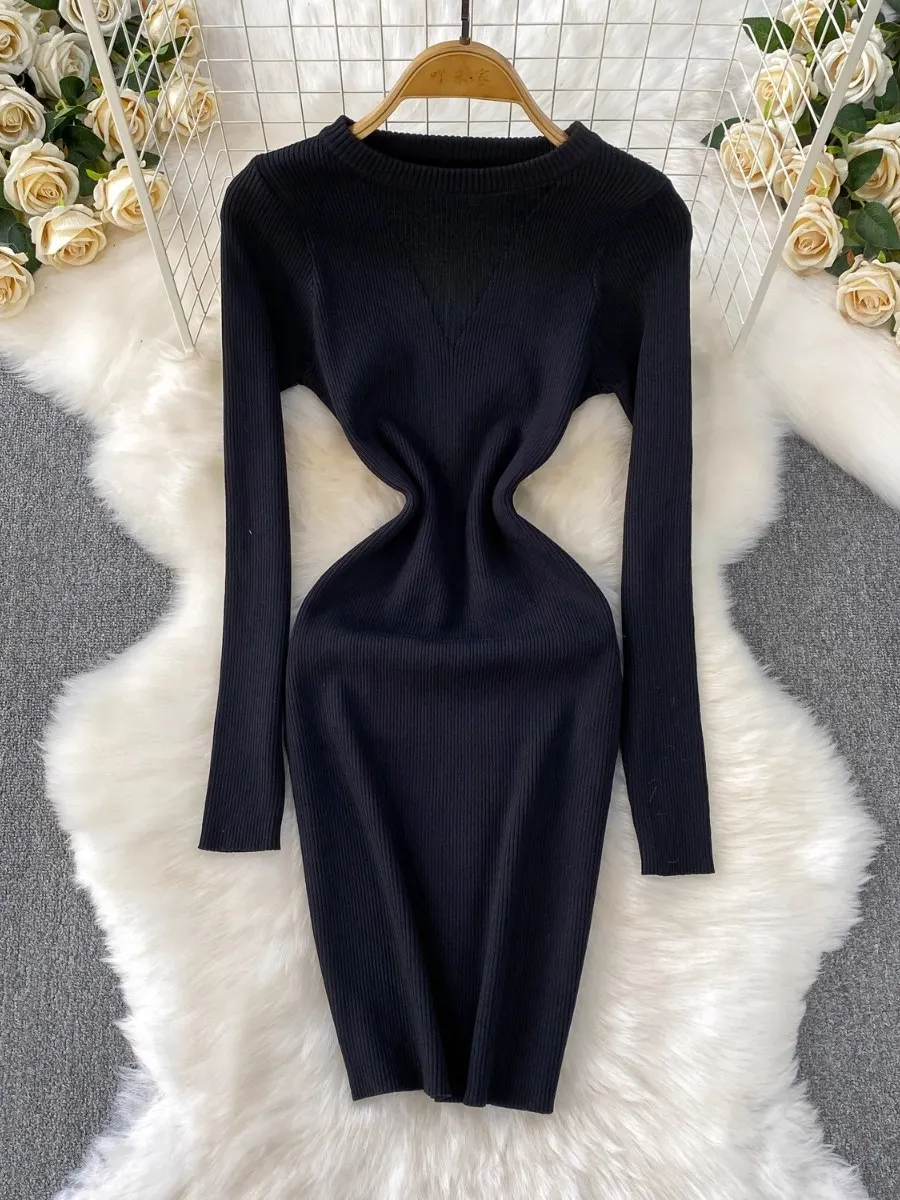 Foamlina Feminine Sexy Sheer V Neck Long Sleeve Knit Dress Women Winter Body Sculpting Slim Fit Bodycon Midi Skirt