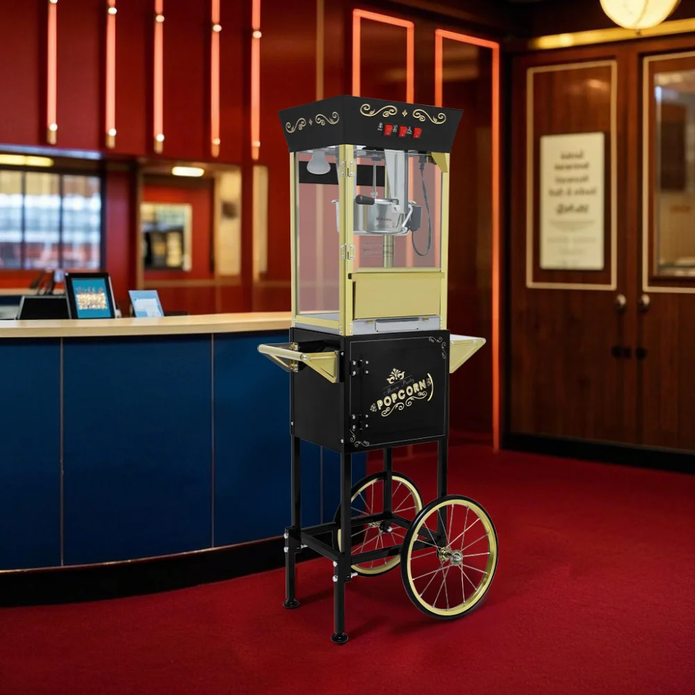 عربة آلة الفشار سعة 12 أونصة بتصميم بعجلات، غلاية من الفولاذ المقاوم للصدأ بتصميم عتيق، مظهر مسرح الأفلام للحفلات، أسود متحرك