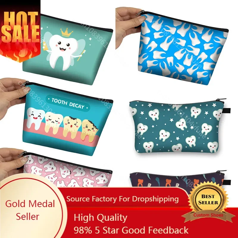 

Cartoon Teeth Print Cosmetic Bags Cute Tooth Floss Dentist Women Makeup Bag Toiletry Case Organizer Lipstick Holder Beauty Bag