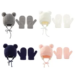 2Pcs Baby Knit Gloves Hat Set Solid Color Autumn Winter Ear Protection Infant Toddler Beanie Cap for Girls Boys Cute Outdoor War