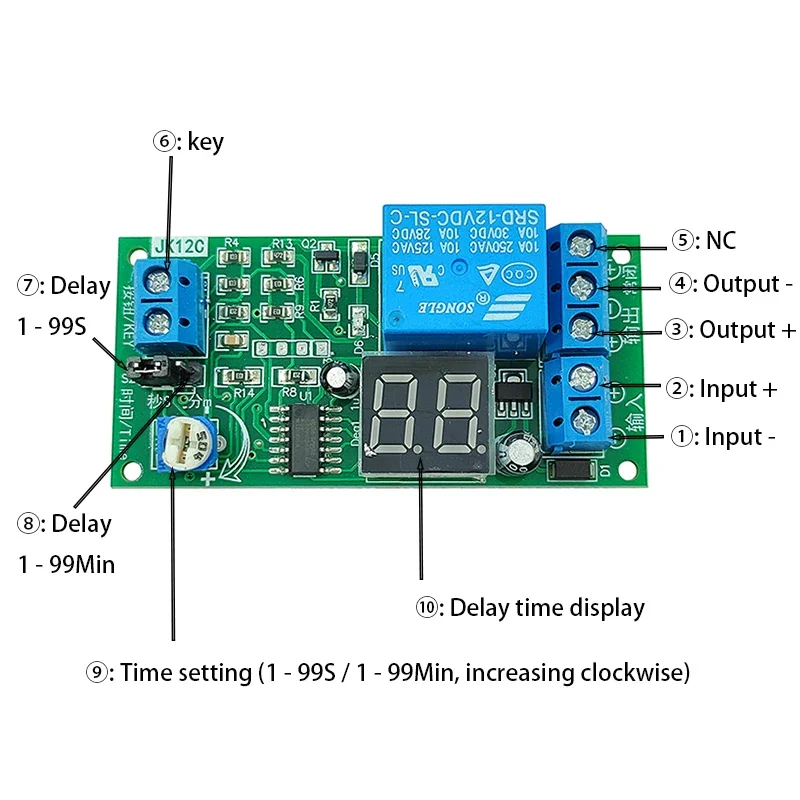 

JK12C Time Delay Relay Module with Time Display 12V24V Triggle Delay Control Switch 1-99S/Min Turn ON/OFF Relay Switch Module