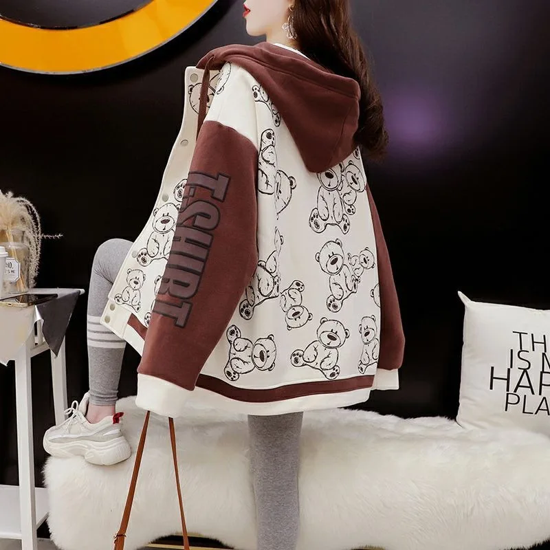 جرافيك أنثى مقنعين ملابس شبابية دافئة باردة طويلة الأكمام جديدة في معطف سميك الخريف والشتاء المرأة هوديس البلوز