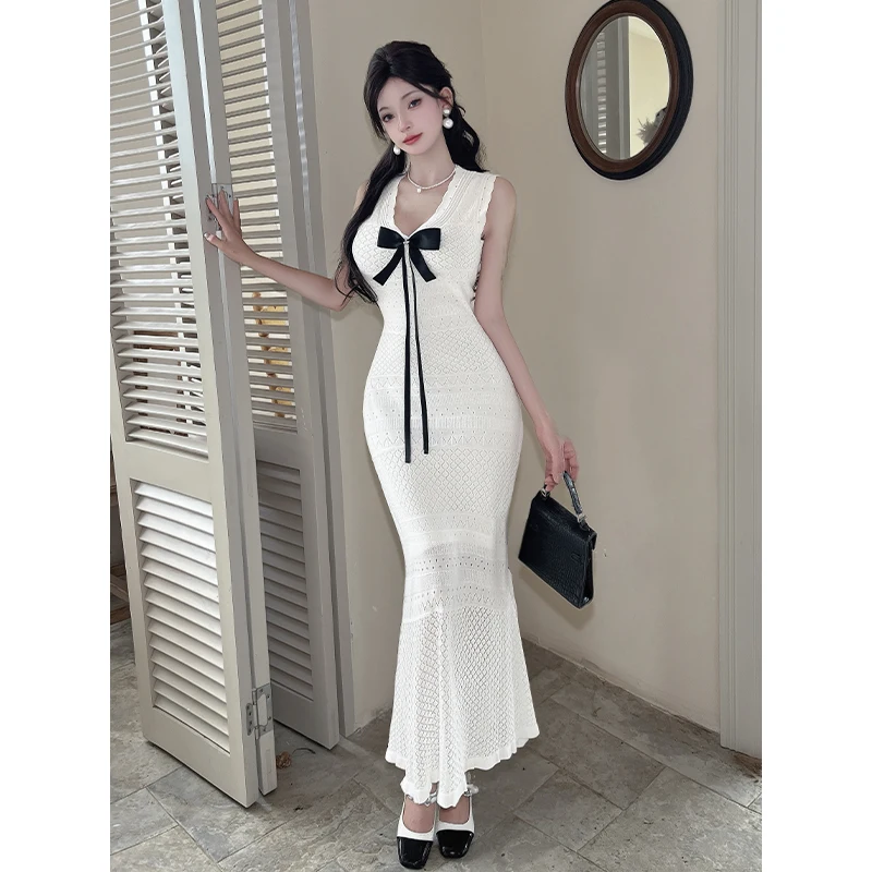 Robe pull longue élégante à volants, mode française, col en v, nœud papillon découpé, tricotée, vêtements de plage chics pour vacances, automne 2025