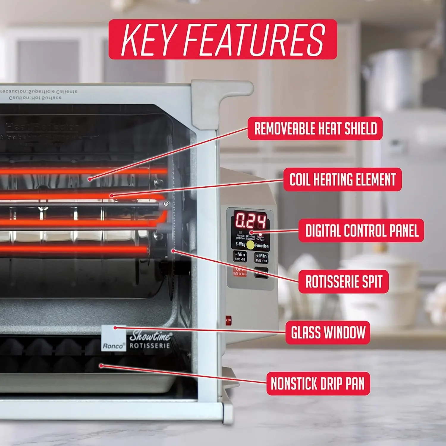 Showtime Large Capacity Rotisserie & BBQ Oven Platinum Edition, Digital Controls, Perfect Preset Rotation Speed, Self-Basting, A