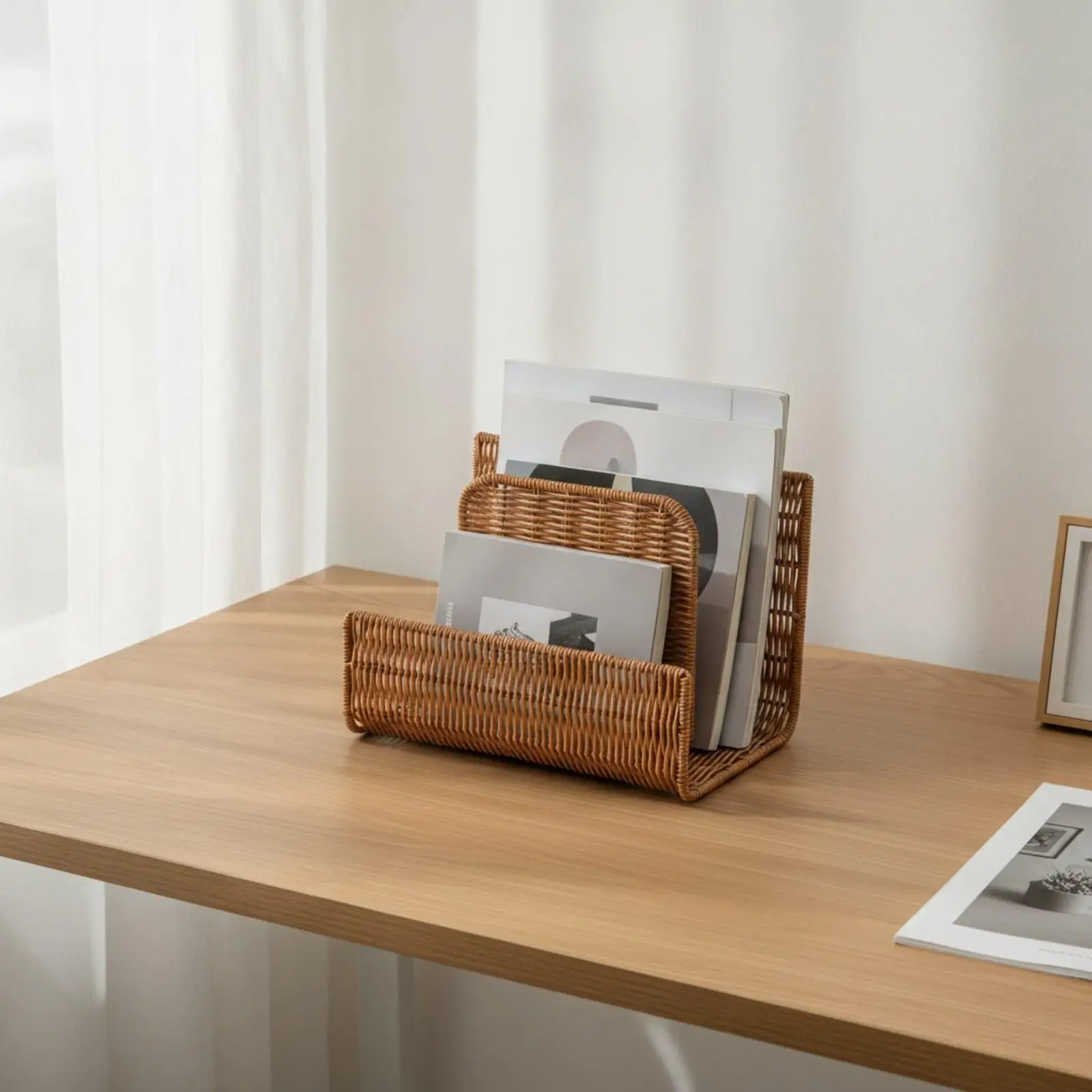 Book and Magazine Organizer Modern Woven Desktop Book Holder Imitation Rattan Desk Organizer Lightweight for Office