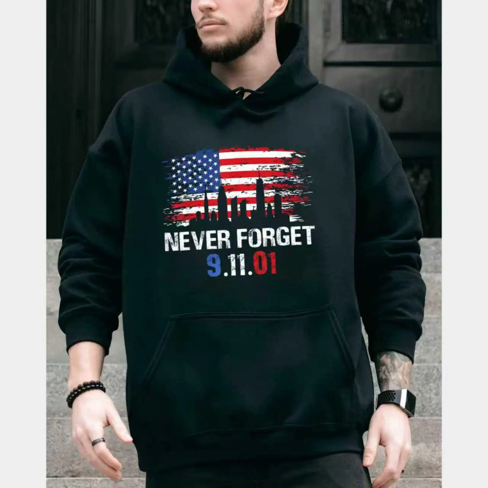 

Men's 'Never Forget 9.11' Hoodie US Flag New York City Graphic Pullover Sweatshirt Tribute Patriot Commemorative Apparel