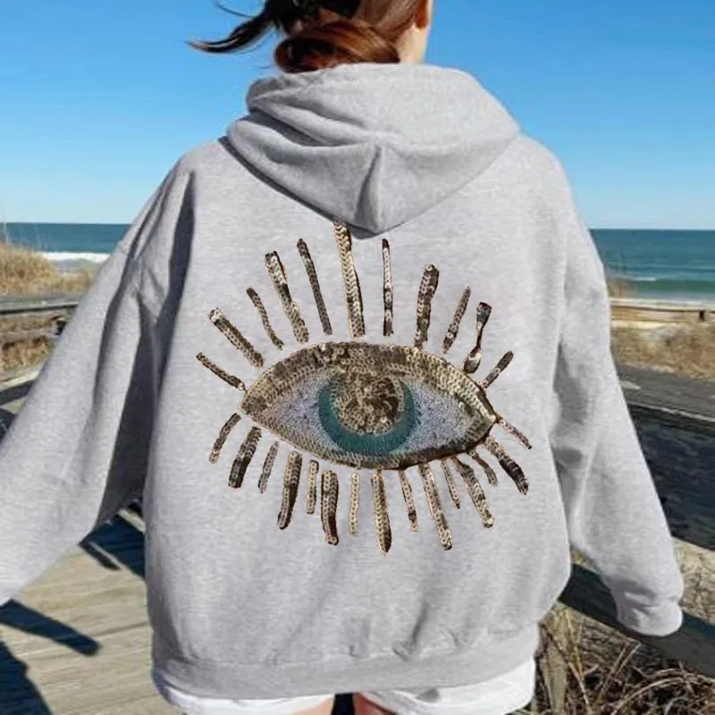 

Evil eyes Glitter Hot Stamping Women's Hooded Sweatshirt 2024 Autumn/Winter Streetwear Y2K Women's Casual Long sleeved Pullover