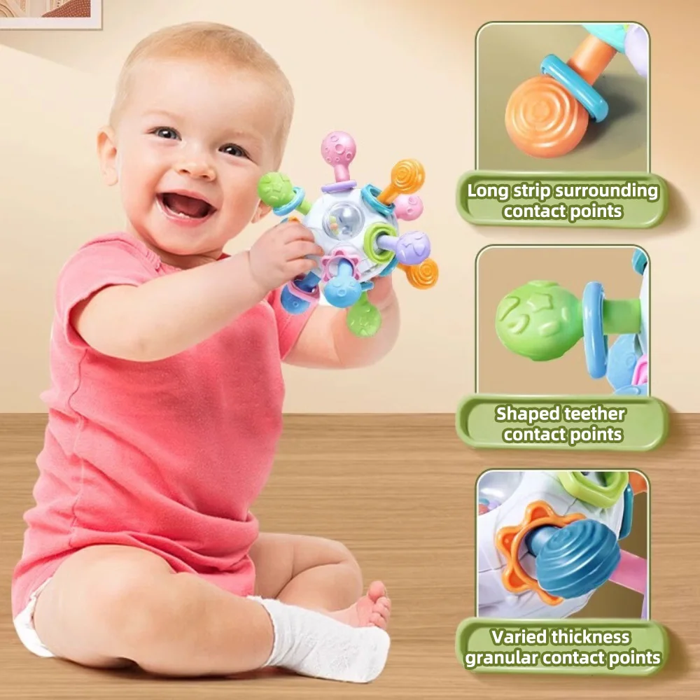 Baby Manhattan Grasping Ball - 3-in-1 Teether, Rattle, and Soft Rubber Grasping Toy for Early Education and Teething Relief