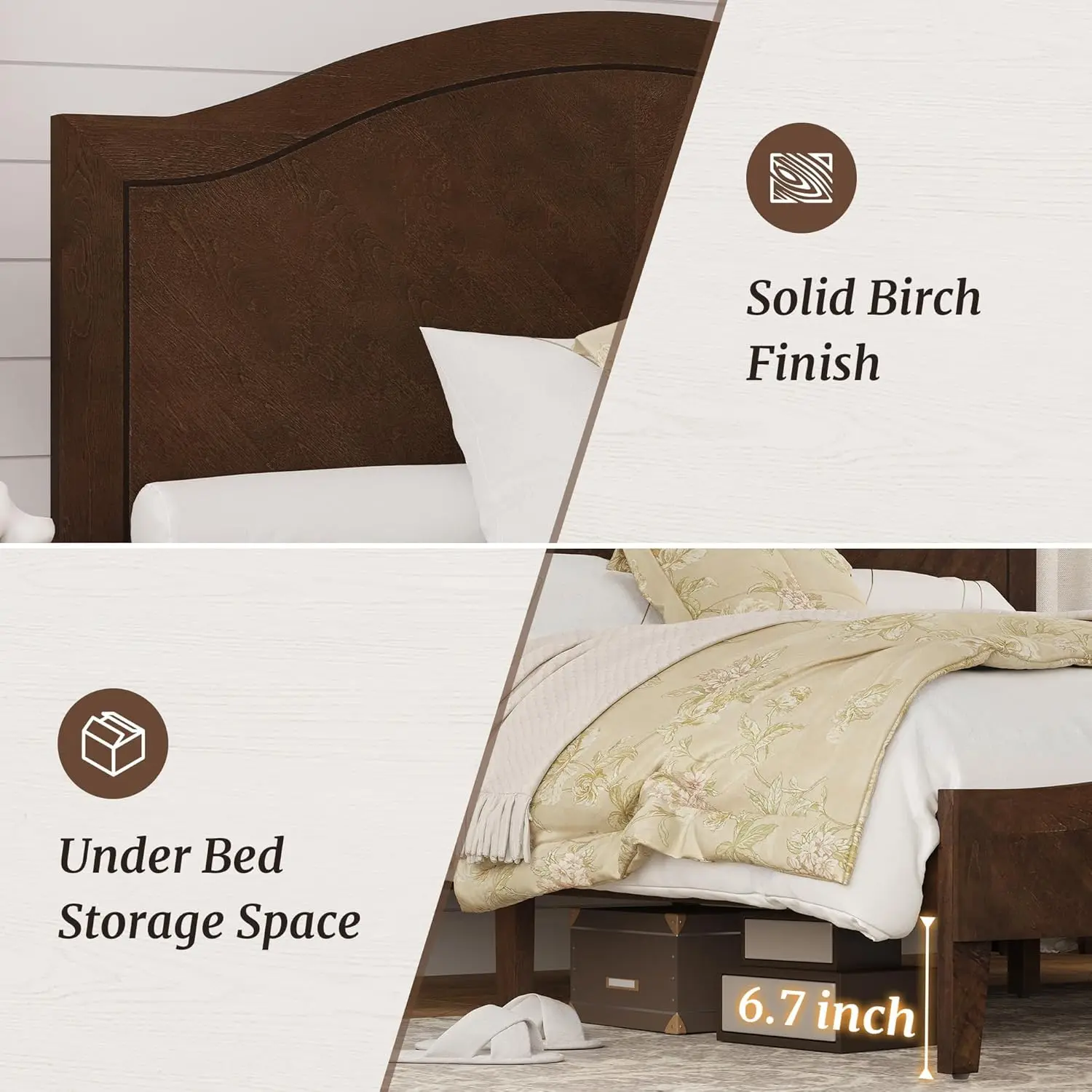 

Mid Century Modern Wood Bed Frame, Adjustable Headboard, Solid Rubberwood, Heavy Duty 800LBS, No Box