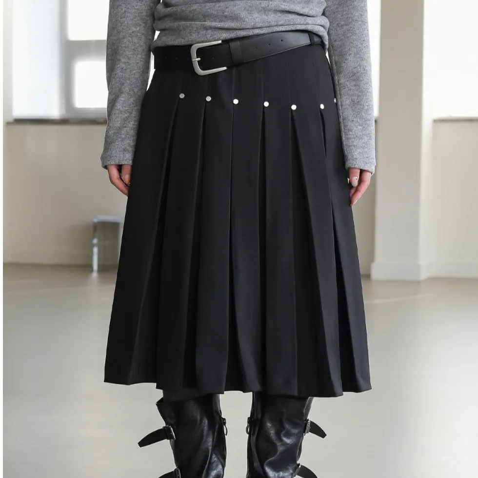 Street Style Metal Rivet Elastic Waist Long Skirt Design Casual High Waist Pleated Midi Skirt for Women Polyester Fiber