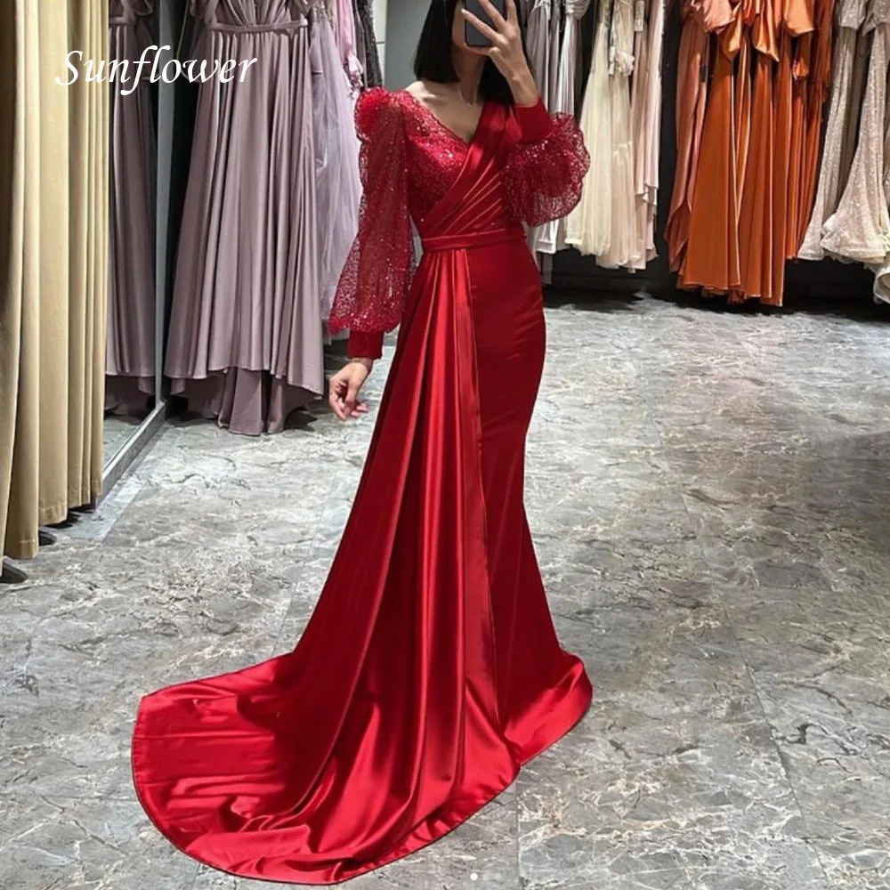 

Sunflower V-Neck Prom Gown Mermaid Appliques Long Sleeve Evening Dress Slim Satin Floor-Length Party Dress 2023 High-end Custom