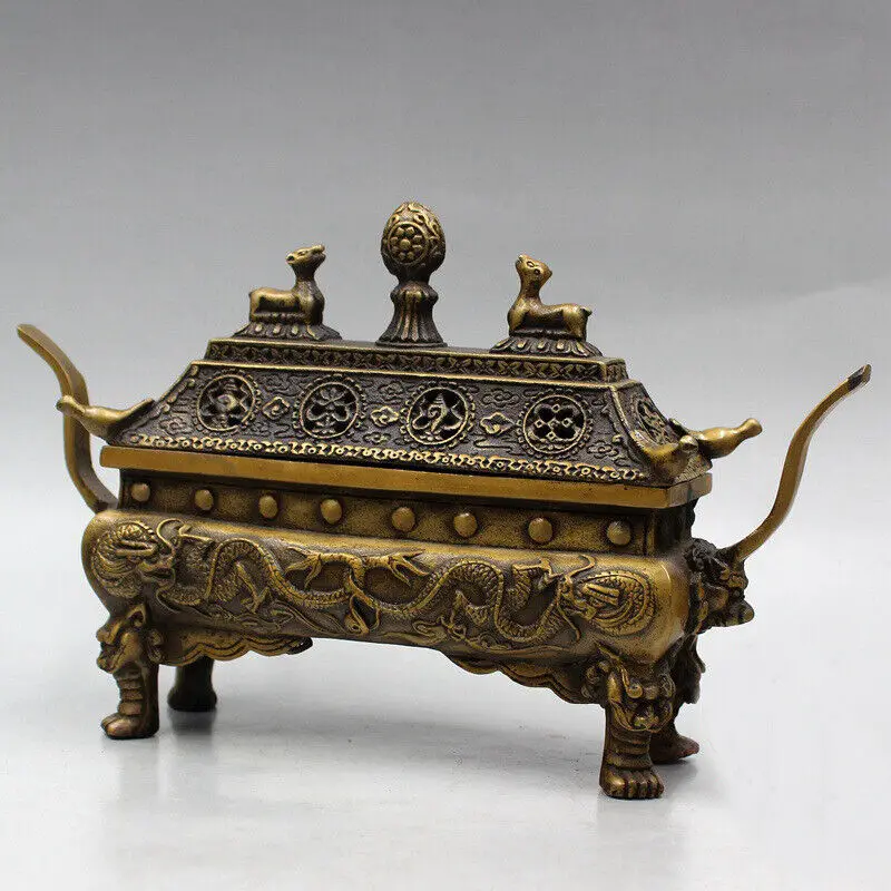 Vintage Decorated Old Bronze Incense Burners Handwork Carved Dragon Censer Pot