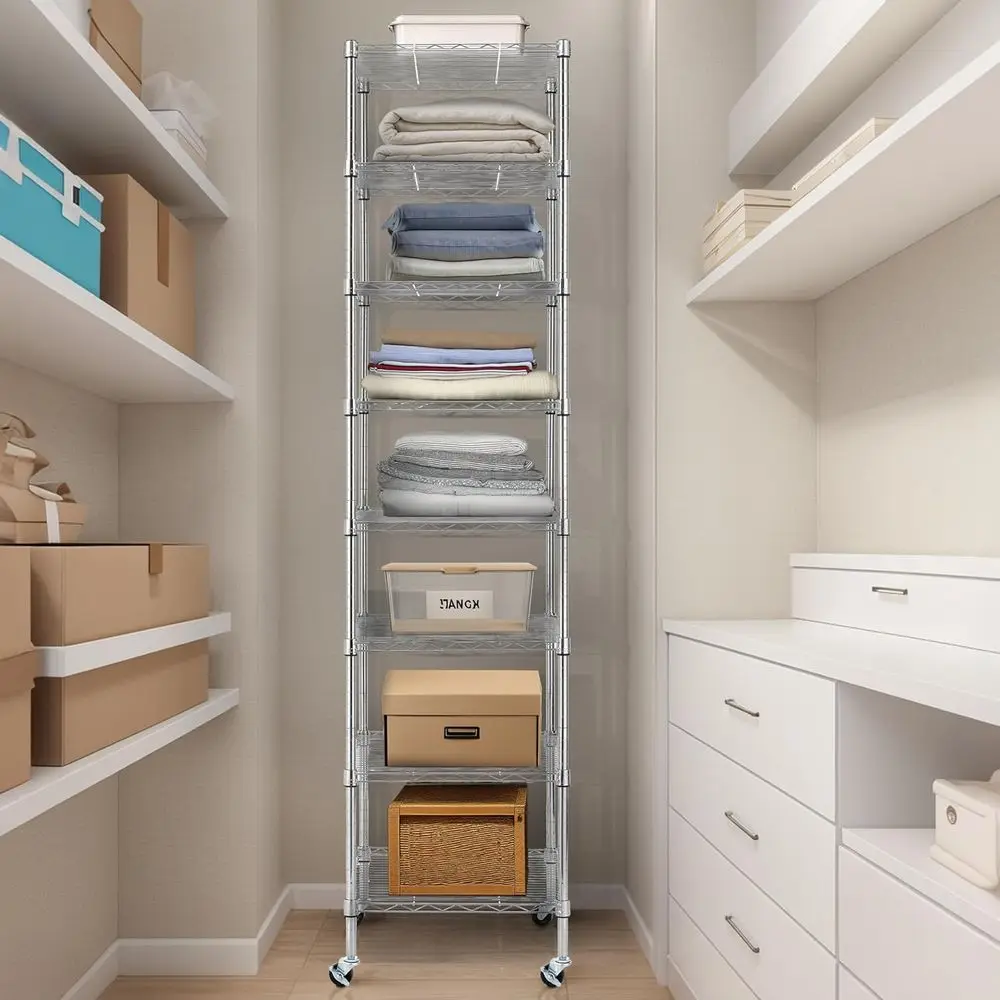 18 x 18 x 78,7 Zoll robustes, 8-stufiges, verstellbares Stahldrahtregal mit Rädern, NSF-zertifiziert für die Speisekammer