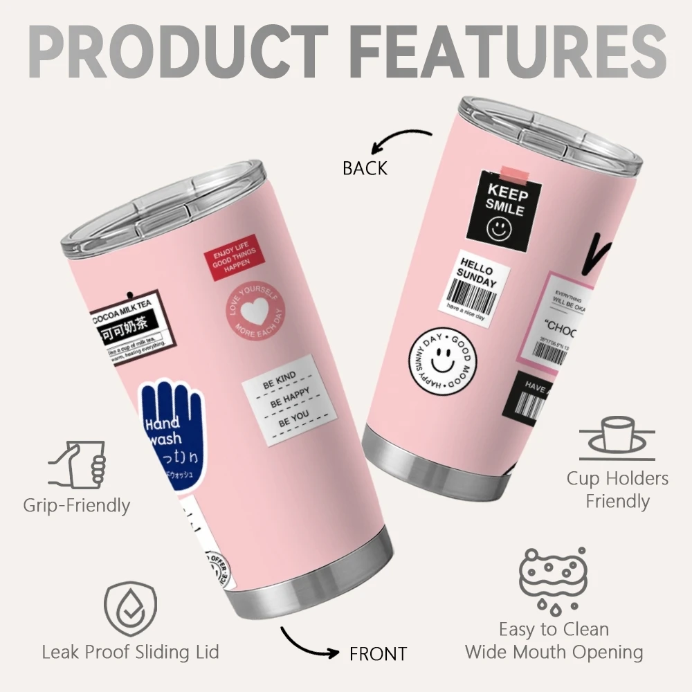 Cute Good Vibes Sticker Prints 20oz Coffee Cup With 2 Lids & Reusable Straw Stainless Steel Vacuum Insulated Travel Mug