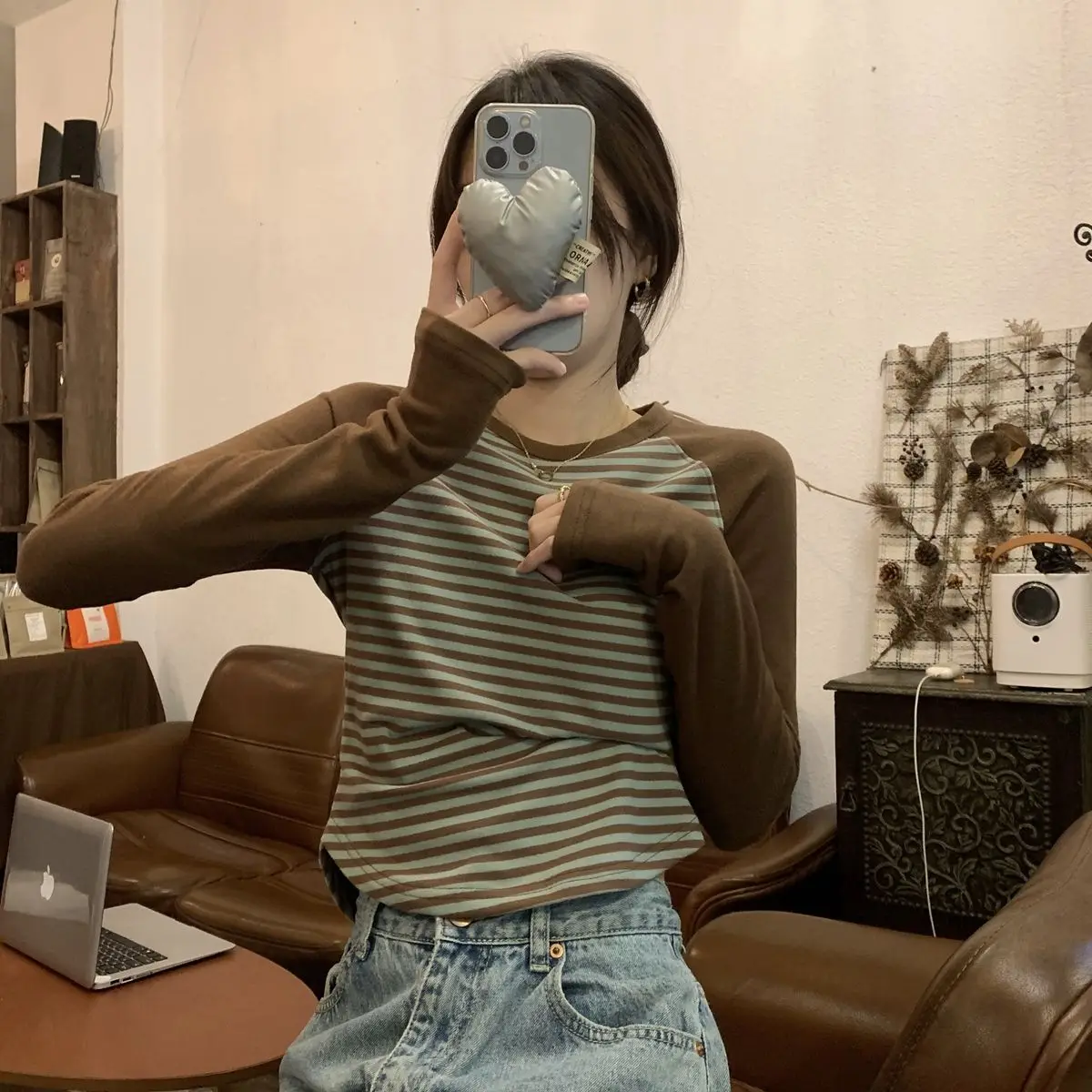 Camiseta de Manga Larga de Terciopelo de Doble Cara para Mujer, Estilo Vintage, Antienvejecimiento, con Tirantes, para Primavera y Otoño, Top a Rayas