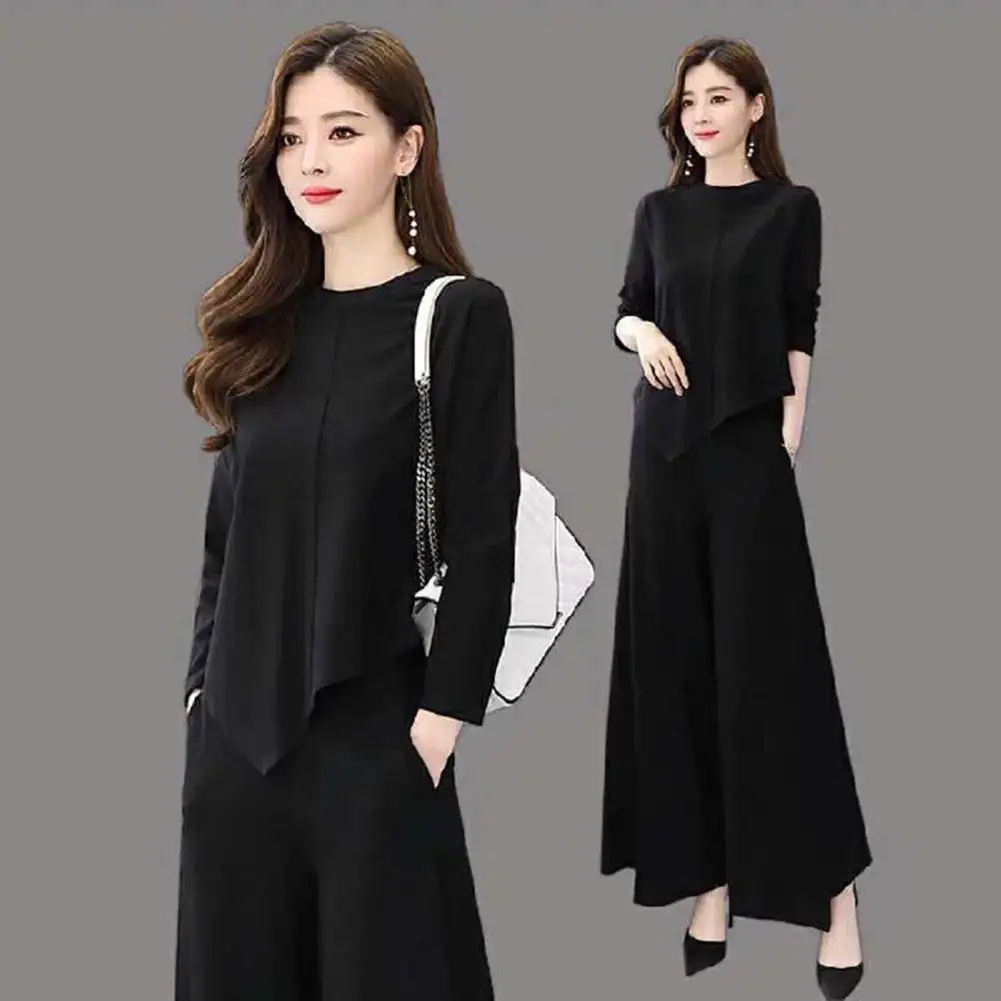 Women Long Culottes Suit Plus Size Commute Top Trousers Set with Irregular Hem Blouse Wide Leg Culottes 2 Pcs/set for Women