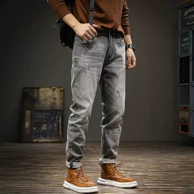 Newly Vintage Fashion Men Jeans High Quality Retro Gray Elastic Slim Fit Ripped Jeans Men Stretch Casual Designer Pants Hombre
