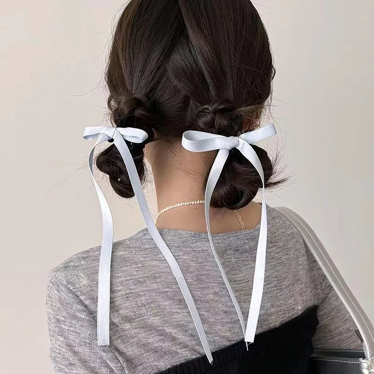 2pcs Set Sweet and Cute Streamer, Mini Clip, Ballet Style, Long Bow, Girly, Small Hairpin, Headdress