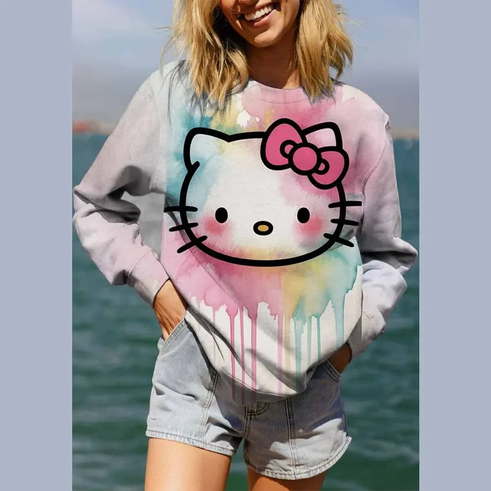 في الهواء الطلق الخريف الشتاء مريحة السترة عارضة أزياء مريحة مرحبا كيتي طباعة المرأة السترة قمم