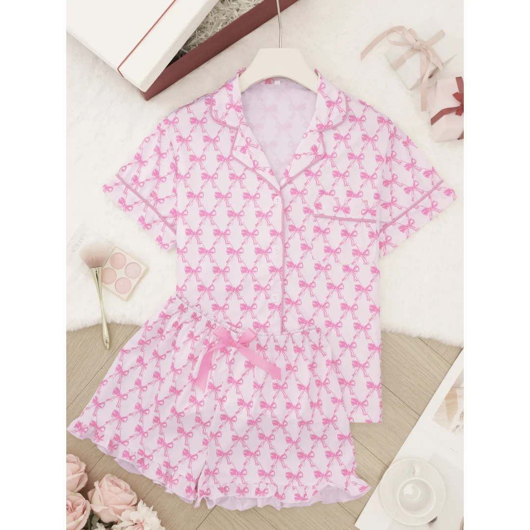 

Cute Women‘s Pajamas Pink with Bows Print Lapel Short Sleeves and Shorts Home Wear Set Loungewear Clothes Valentine's Day Gifts