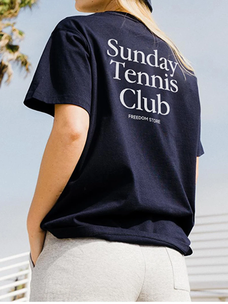 

Navy Letter Print Cotton T-shirt Women Summer Crew Neck Simple Short Sleeve Tee Shirts American Vintage Casual Tops T-shirts