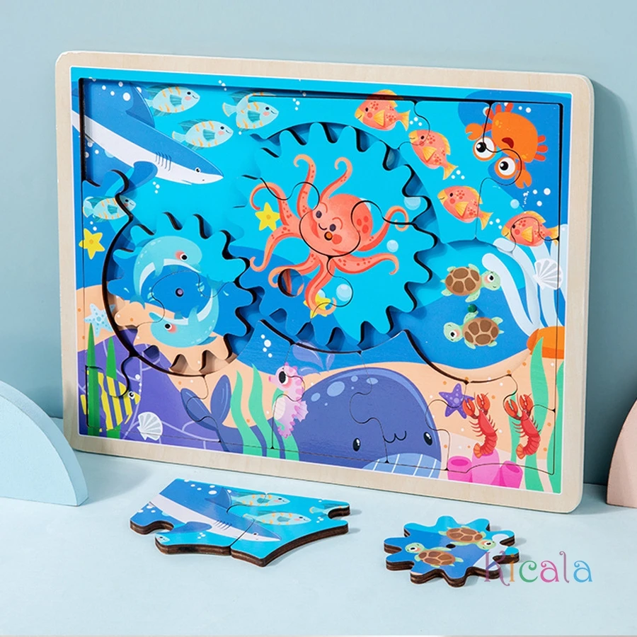 

Wooden Gear Jigsaw Puzzle Kids Rotating Animal Themed Educational Interactive Early Learning Montessori Toy