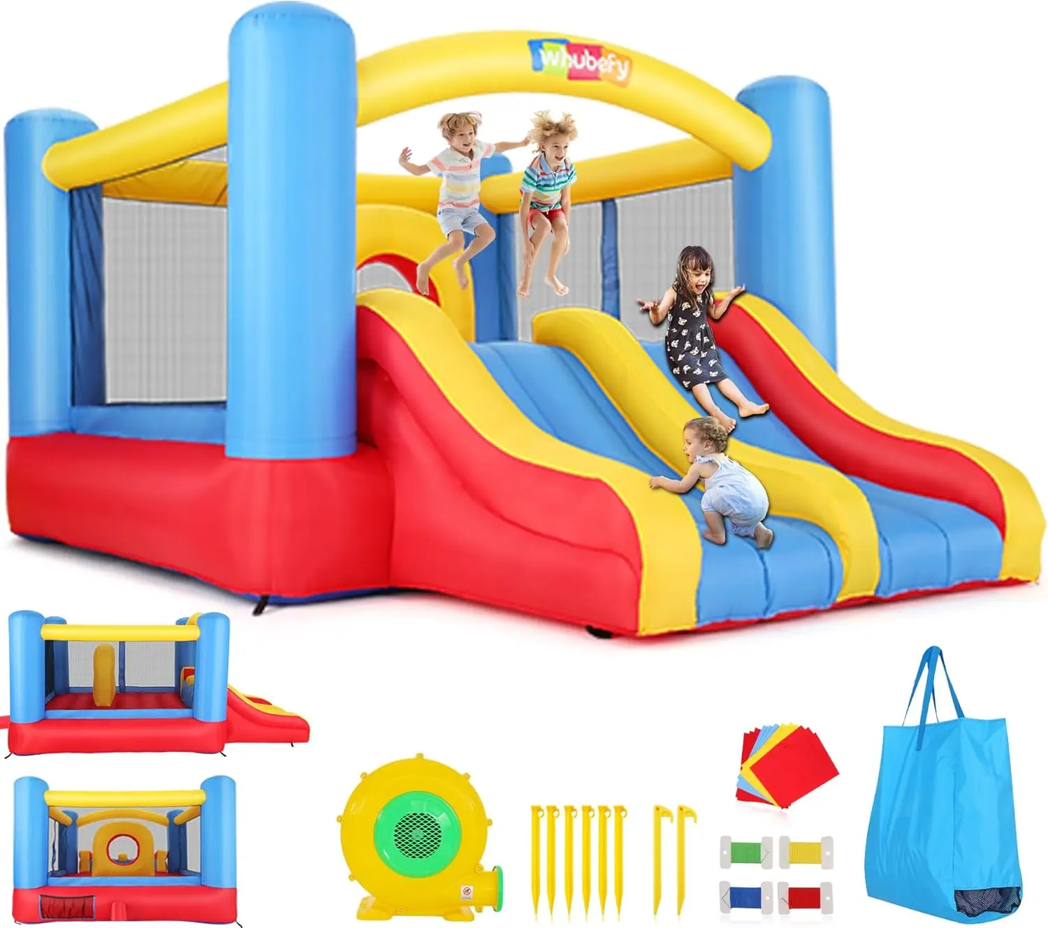 

Indoor/Outdoor Inflatable Bouncer with Double Slide and Obstacle Course, 12 x 9FT Jumping Castle for Kids Ages 3-6 and 8-12, Includes Blower and Center Basketball Hoop for Family Backyard Fun